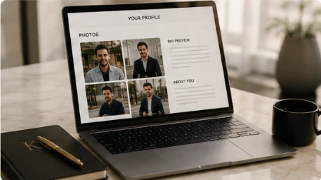 A finished dating profile shown on a laptop