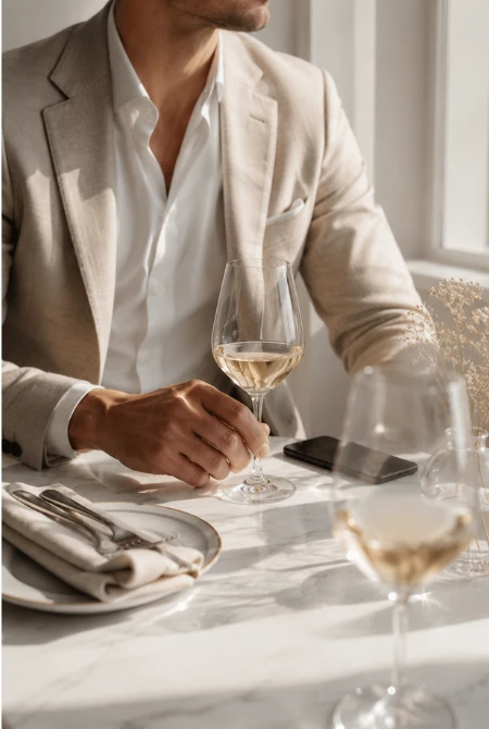 A client in a tailored suit at a marble lunch table